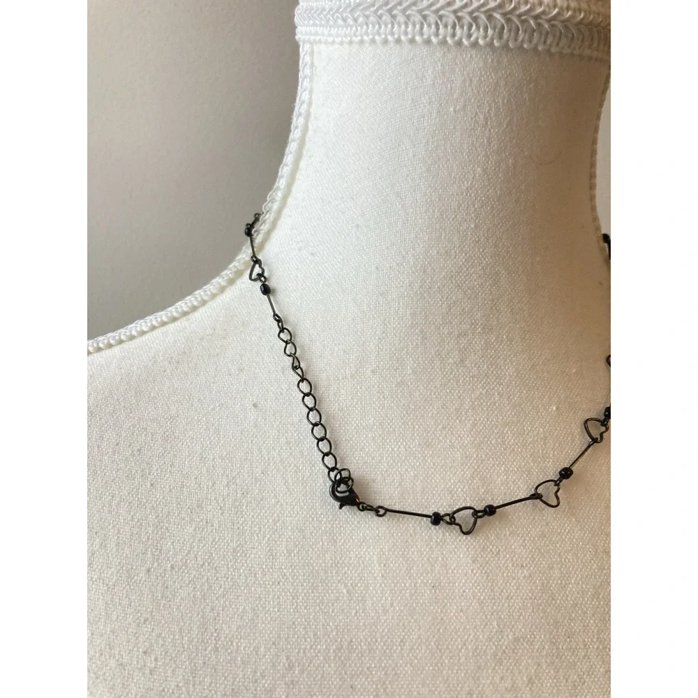 Black Wire Heart Choker Necklace Pink Faceted Heart Charm Y Drop Gothic‎ Dainty
